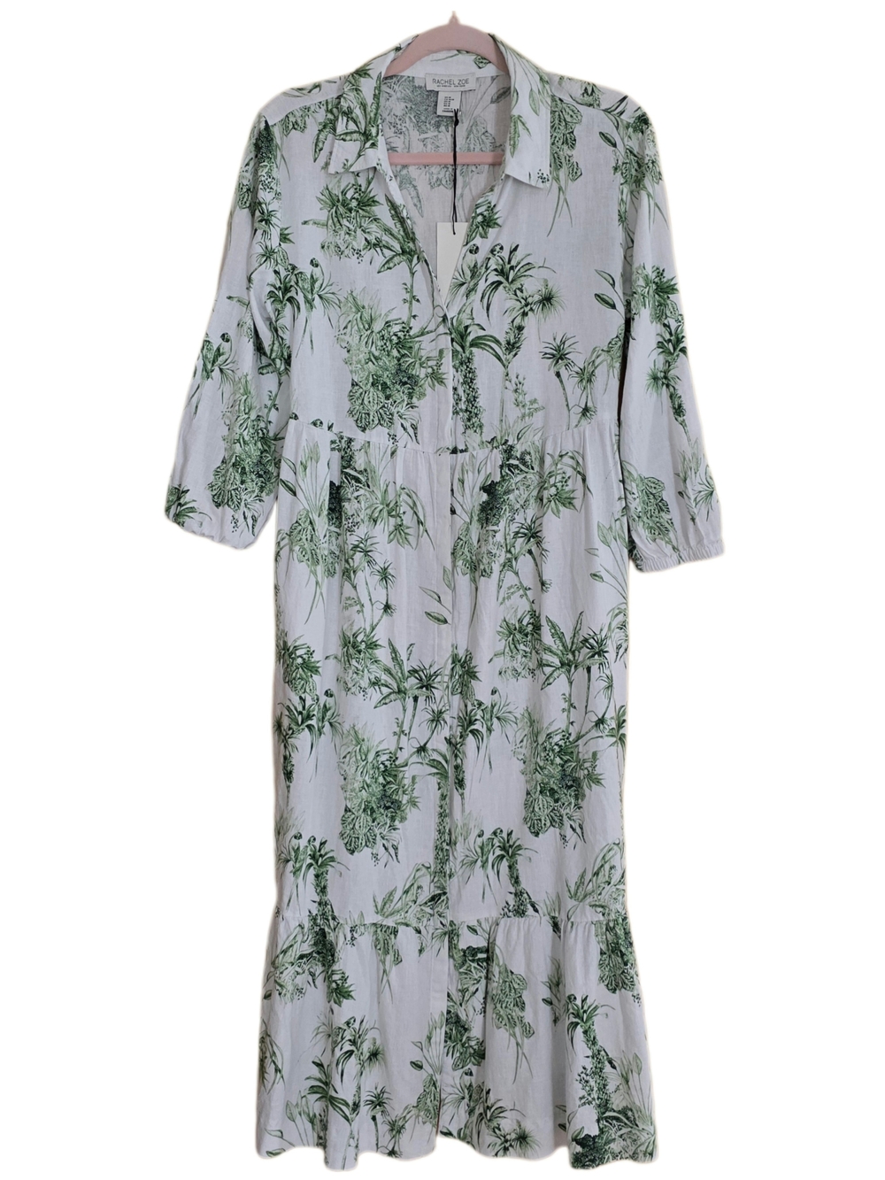 RACHAEL ZOE Linen Blend Long Sleeve Button Front Maxi Shirt Dress W/ Flounce Hem
